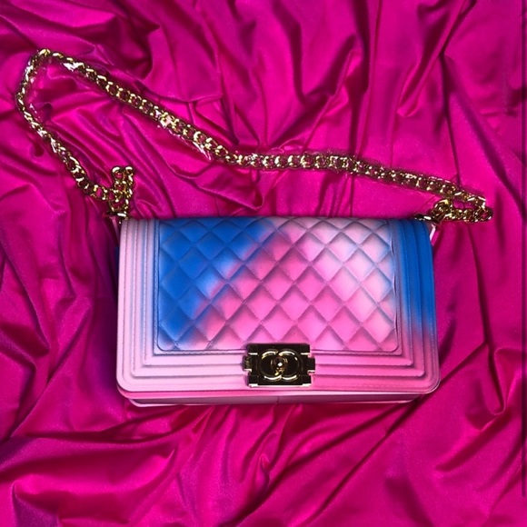 blue and pink purse
